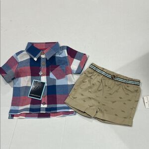 Andy & Evan Red puckered plaid shirt and dinosaur 2-piece set NWT